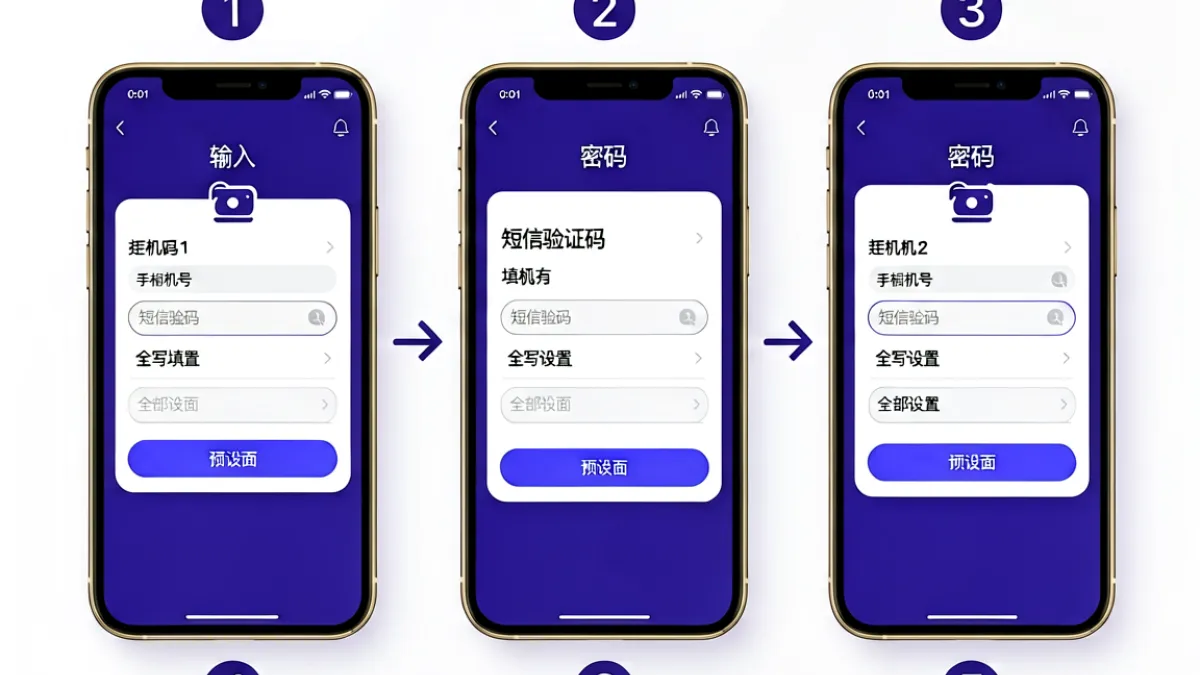 黄瓜视频APP注册界面的流程图截图，展示了手机号输入、验证码填写和密码设置的三个连续步骤